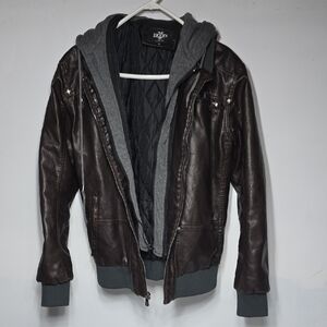 Brown Faux Leather Jacket with Removable Gray Hoodie